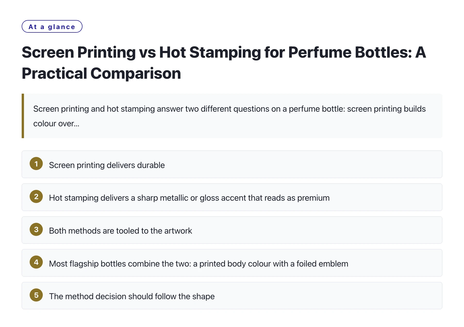 Screen Printing vs Hot Stamping for Perfume Bottles: A Practical Comparison——全文要点速览